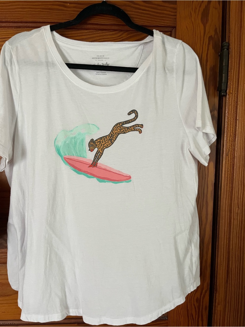 Anthropologie White Tee with Surfing Leopard Graphic and Coral Pink Board, XL